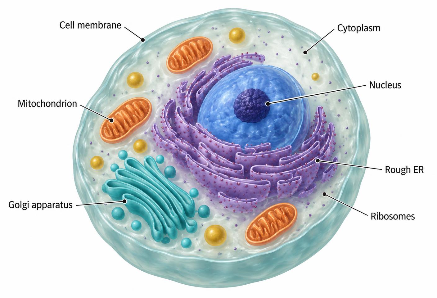 Cutaway animal cell showing its membrane, cytoplasm, nucleus, mitochondria, ribosomes, rough ER and Golgi apparatus