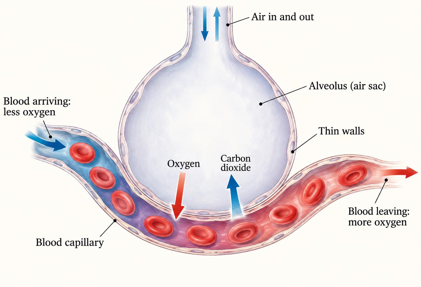 An alveolus surrounded by a blood capillary, with oxygen entering the blood and carbon dioxide entering the air sac