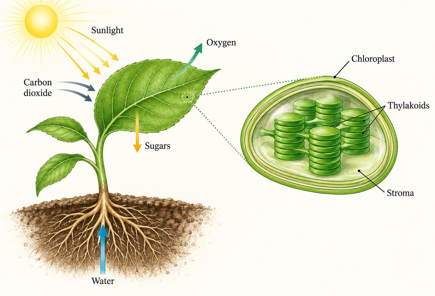 A leaf taking in sunlight, carbon dioxide and water, with a magnified chloroplast showing thylakoids and stroma