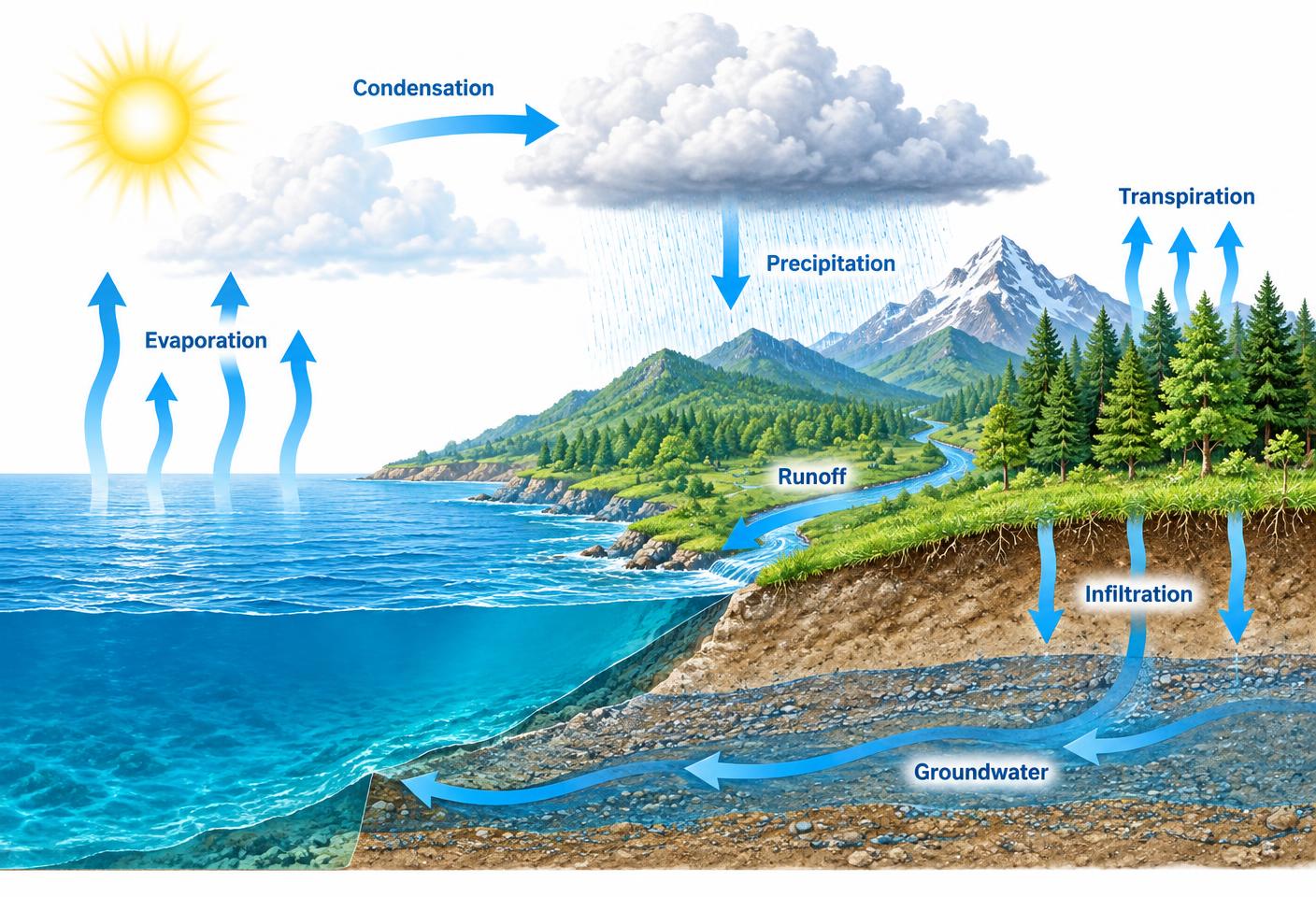 Landscape water cycle diagram showing evaporation, condensation, precipitation, transpiration, runoff, infiltration and groundwater flow